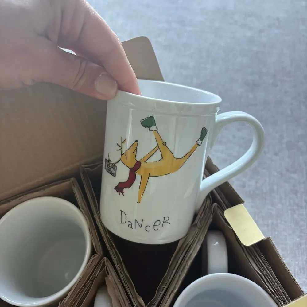 NIB 4x Pottery Barn Christmas Reindeer Ceramic Mugs